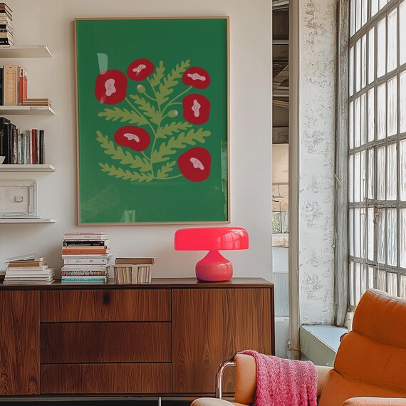 Red Poppy Cluster Forest Green Background Modern Botanical Print