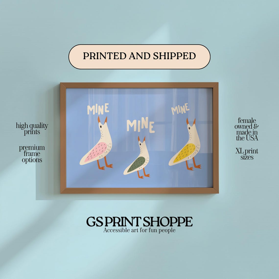 Mine Three Folk Birds Blue Background Playful Nursery Wall Poster