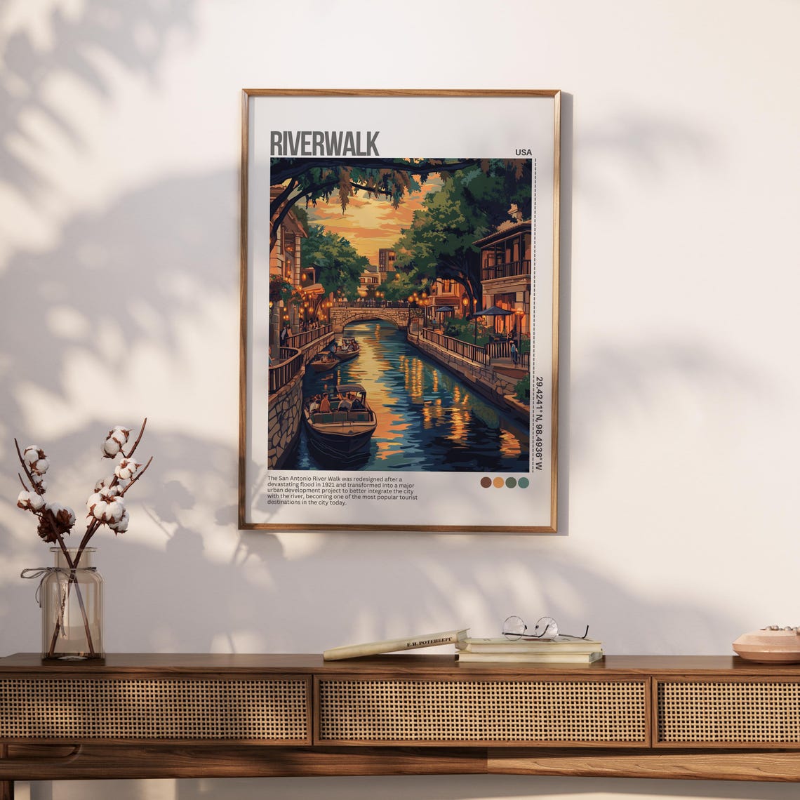 San Antonio Riverwalk Canal Boats Sunset Texas Travel Poster - Image 2