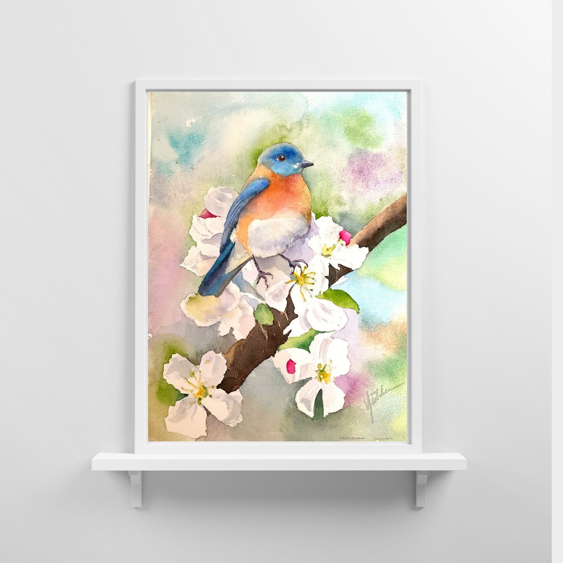 Eastern Bluebird Perched on a Blossoming Branch in Watercolor Poster