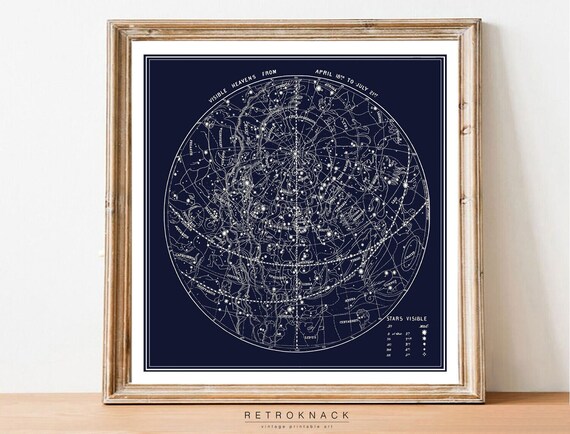 Visible Heavens April July Antique Navy Star Chart Celestial Poster
