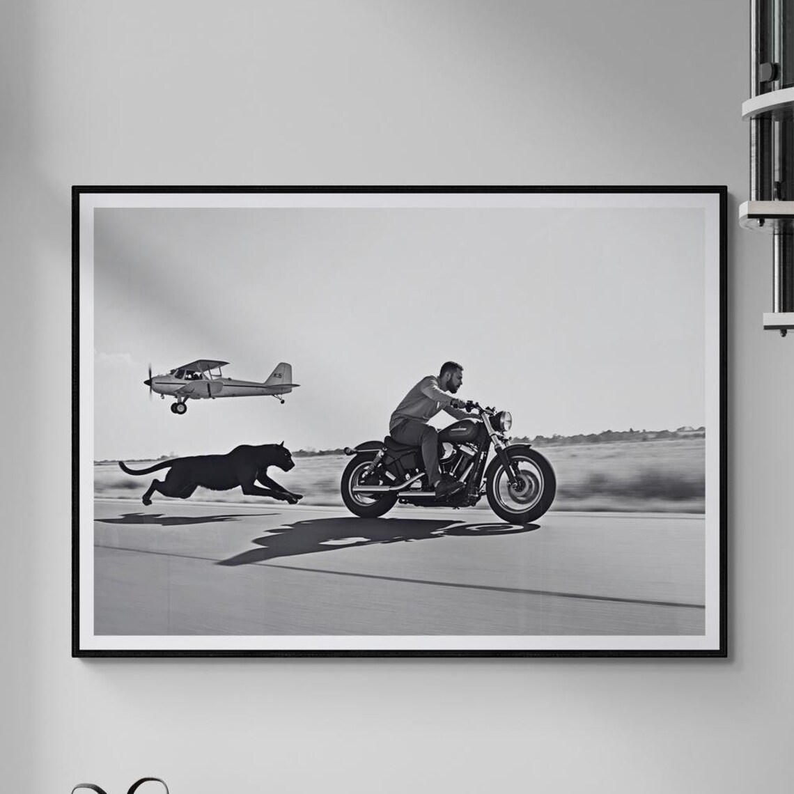 Man on Motorcycle Racing a Panther Vintage Black and White Print