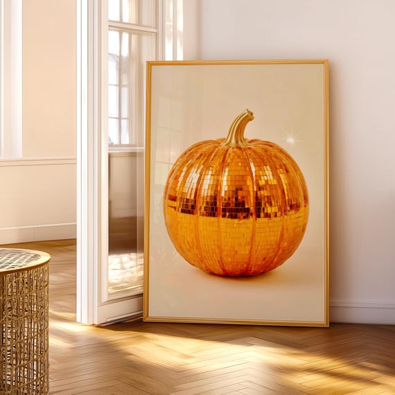 Disco Pumpkin Art Print Wall Poster Glam Ball Orange Trendy Maximalist Fall Kitchen Decor
