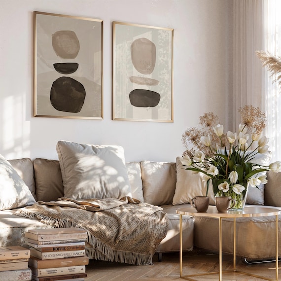 Nordic Abstract Print Set Beige Stone Shapes Minimalist Wall Art