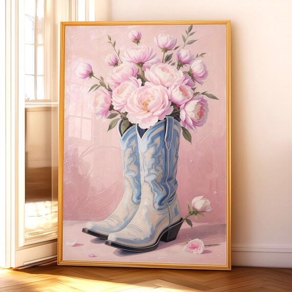 Blue Cowgirl Boots Pink Peonies Western Floral Nursery Poster