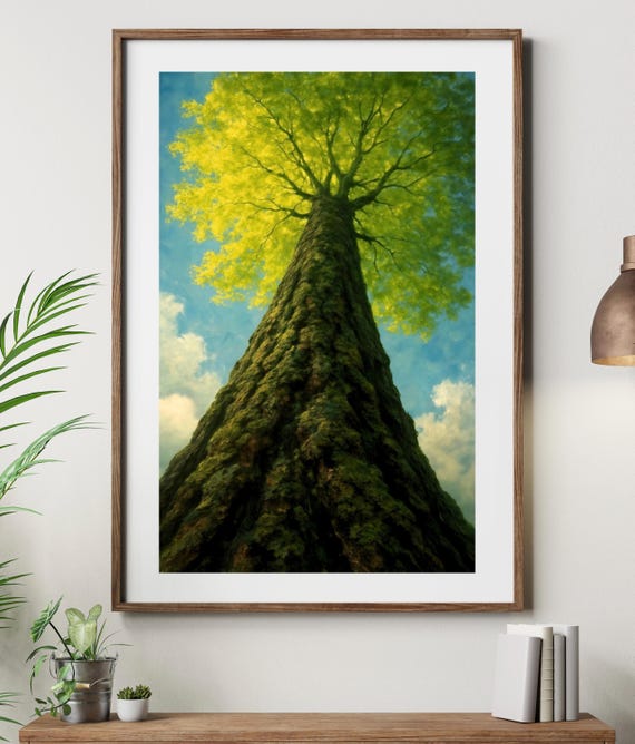 Majestic Tree Wall Art Print Sunlit Nature Landscape Green Forest Poster Tall Trunk Canvas Modern Home Decor