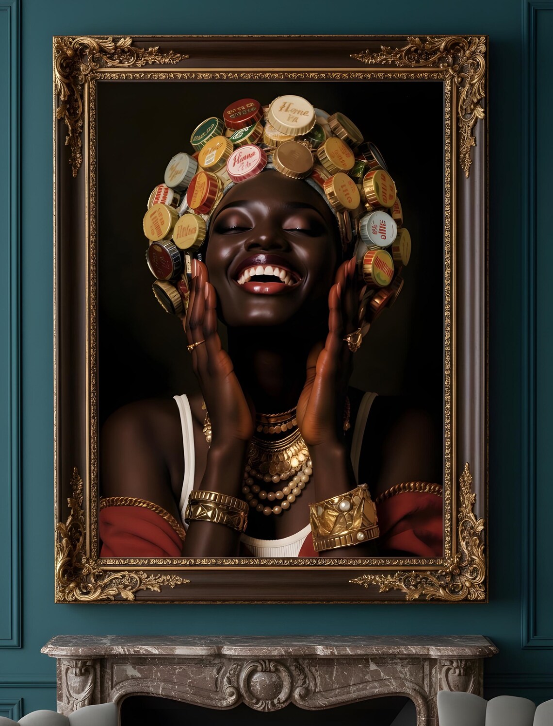 Joyful Black Woman Bottle Cap Crown Portrait Afro Beauty Baroque Art Print