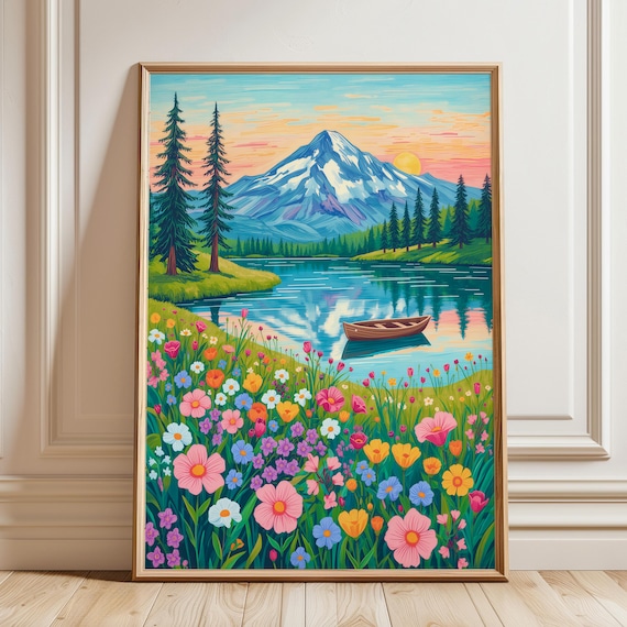 Abstract Mountain Artwork Colorful Wall Art Illustration Living Room Decor Scenery Floral Painting