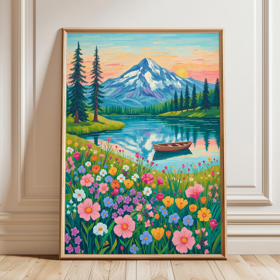Abstract Mountain Artwork Colorful Wall Art Illustration Living Room Decor Scenery Floral Painting