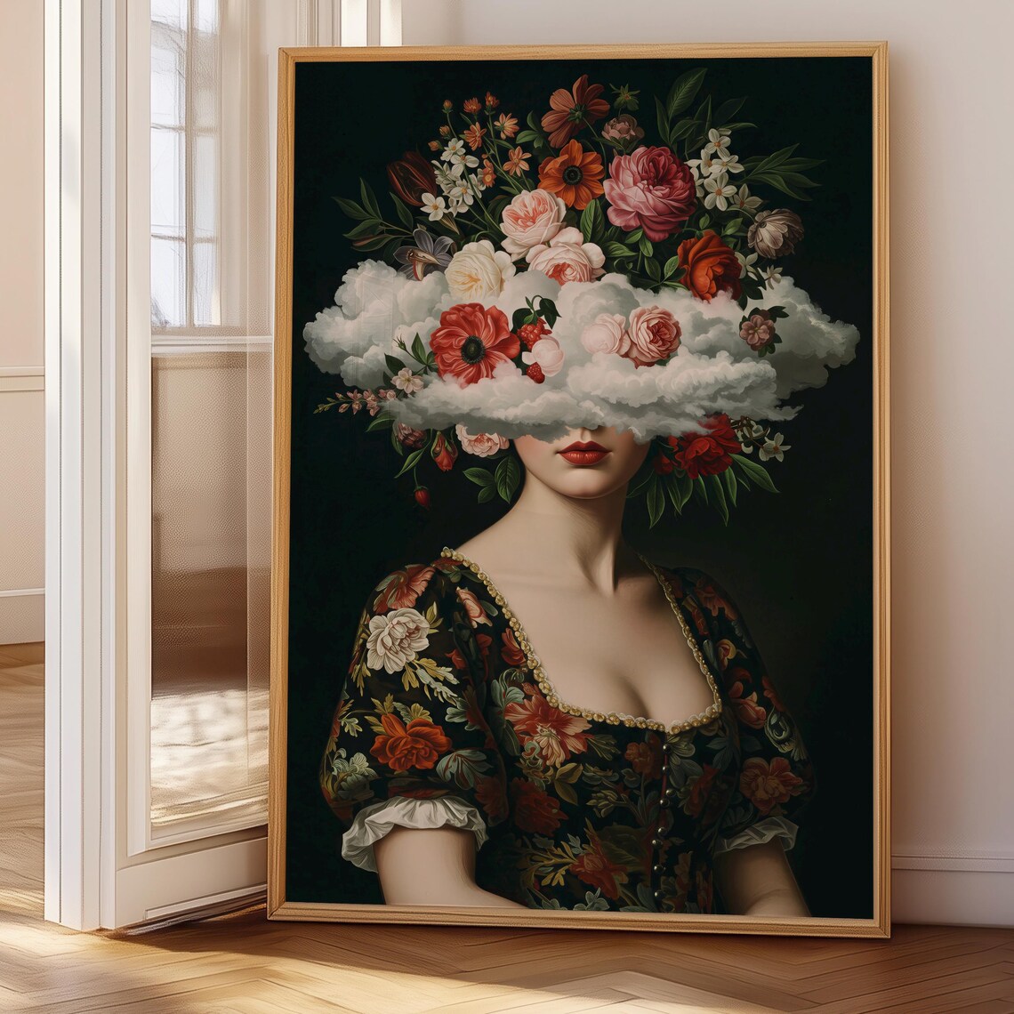 Surreal Woman Portrait with Floral Cloud Baroque Botanical Art Print