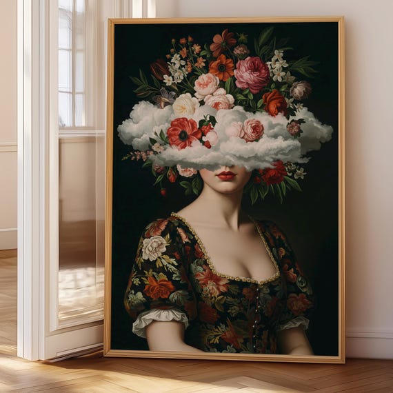 In Clouds Surreal Portrait Coquette Maximalist Floral Woman Print Funky Dopamine Decor Eclectic Moody Wall Art Quirky