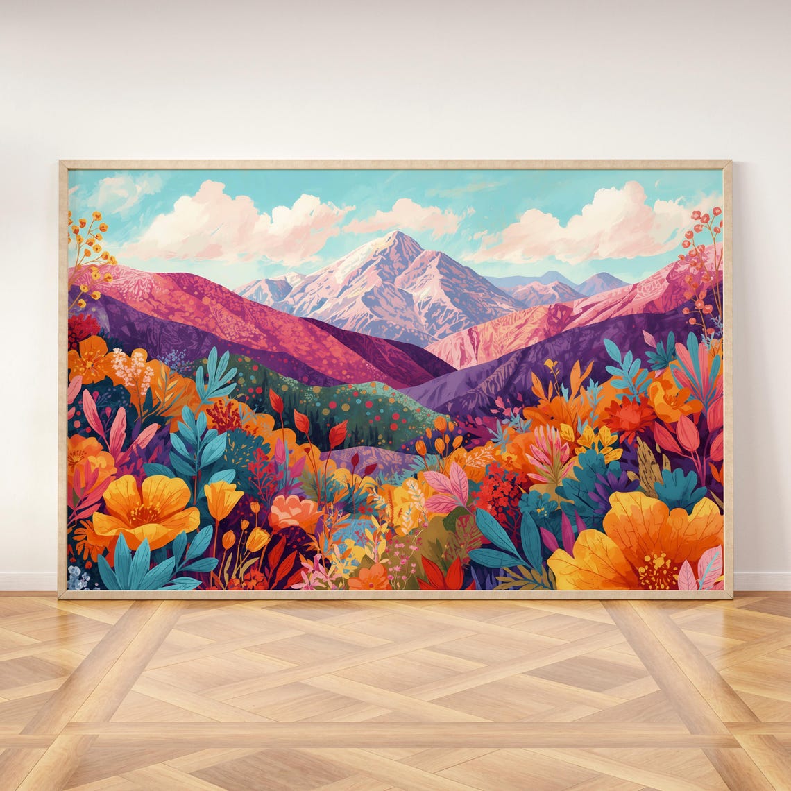 Colorful Floral Mountain Landscape Vibrant Nature Scenery Poster