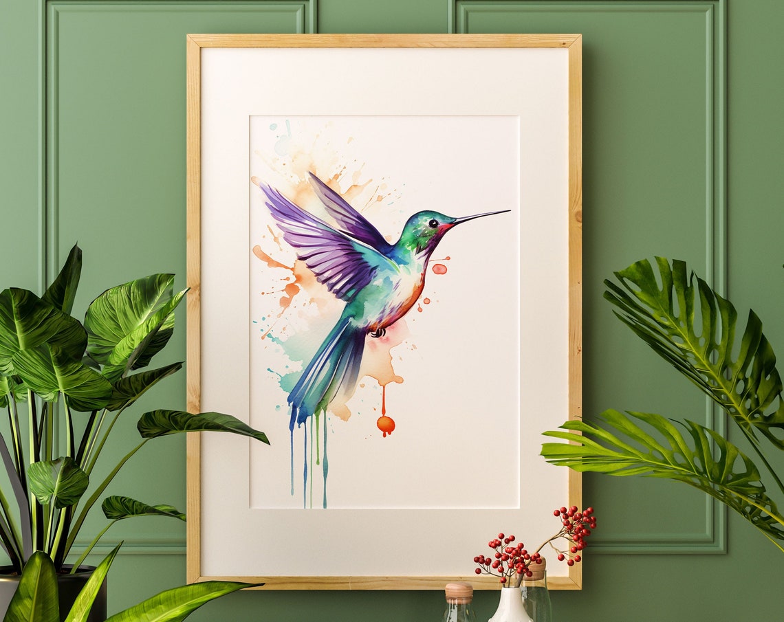 Vibrant Purple Hummingbird Watercolor Splash Flying Bird Art Poster
