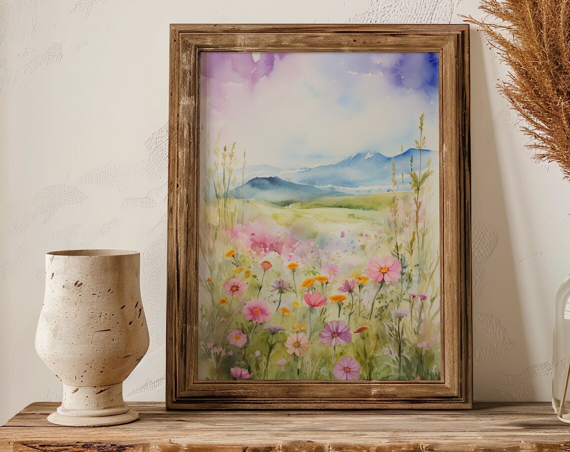 Pastel Wildflower Meadow Watercolor Painting Poster with Soft Mountain Views