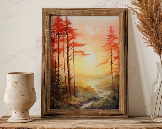 Autumn Sunrise Forest Watercolor Painting Poster with Fiery Orange Trees