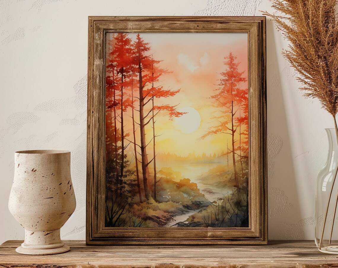 Autumn Sunrise Forest Watercolor Painting Poster with Fiery Orange Trees