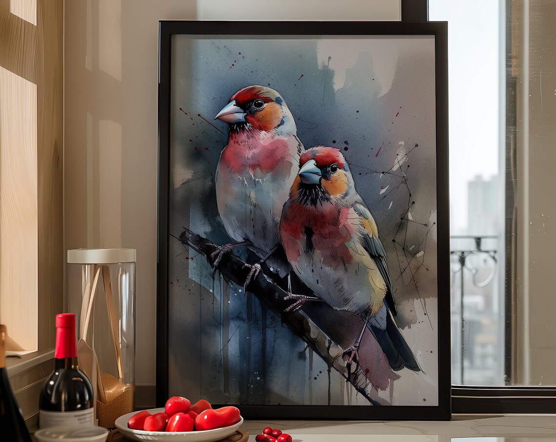 Red Finch Birds Watercolor Perched Branch Songbird Art Poster