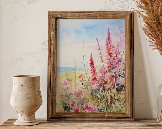Pink Wildflower Field Sunset Watercolor Painting Poster for Dreamy Rooms