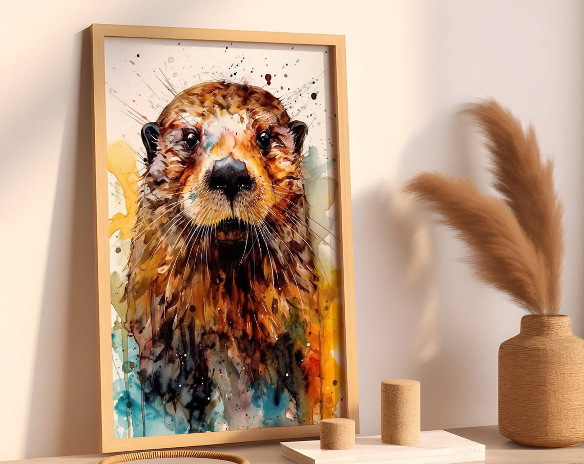 Sea Otter Portrait Colorful Watercolor Ocean Animal Art Poster