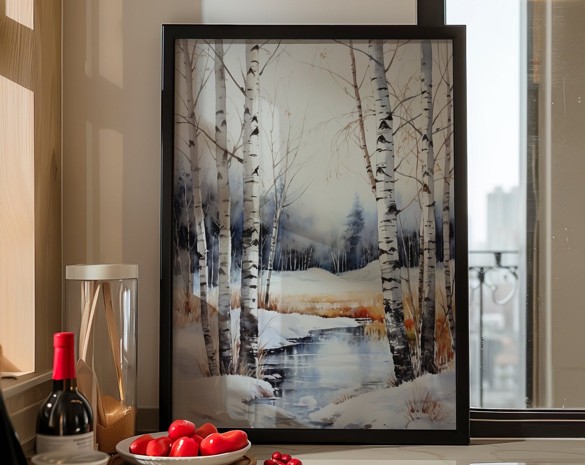 Winter Birch Grove Watercolor Snowy Stream Calm Scene Poster - Image 4