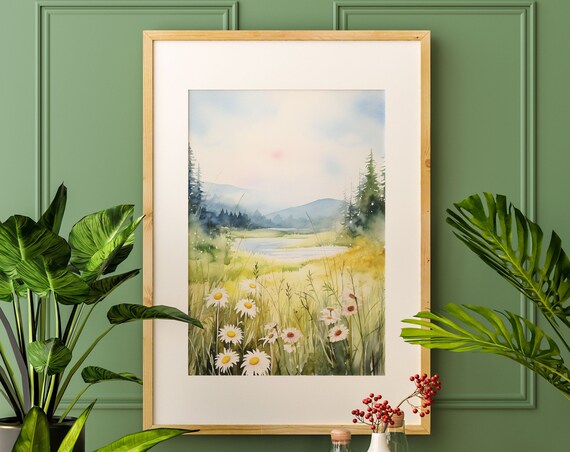 White Daisy Field Watercolor Meadow Lake Wildflowers Art Poster