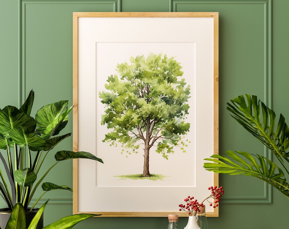 Leafy Green Oak Tree Watercolor Botanical Nature Scene Poster