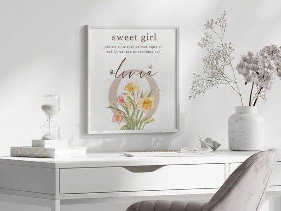 Sweet Girl Personalised Watercolour Floral Nursery Name Poster