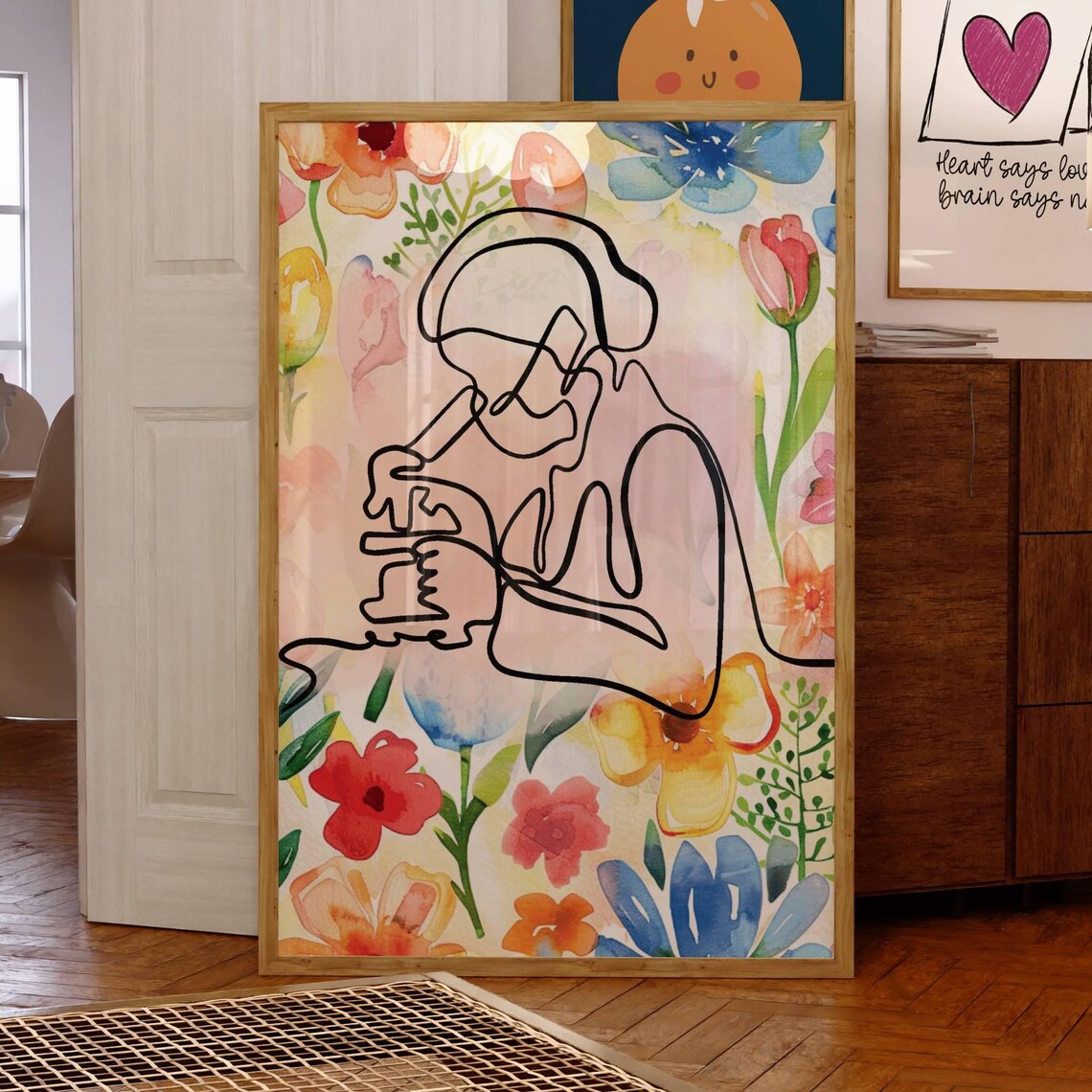 Line Art Scientist With Microscope Floral Watercolor Gift Poster - Image 4