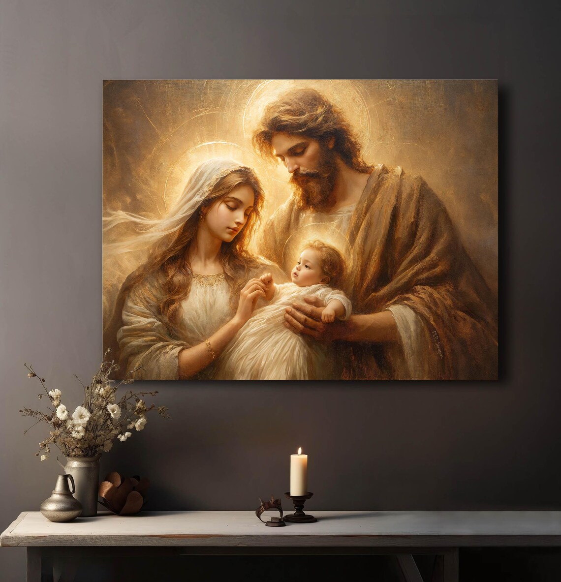 Holy Family Joseph Holding Infant Jesus With Mary Golden Halo Catholic Poster - Image 2