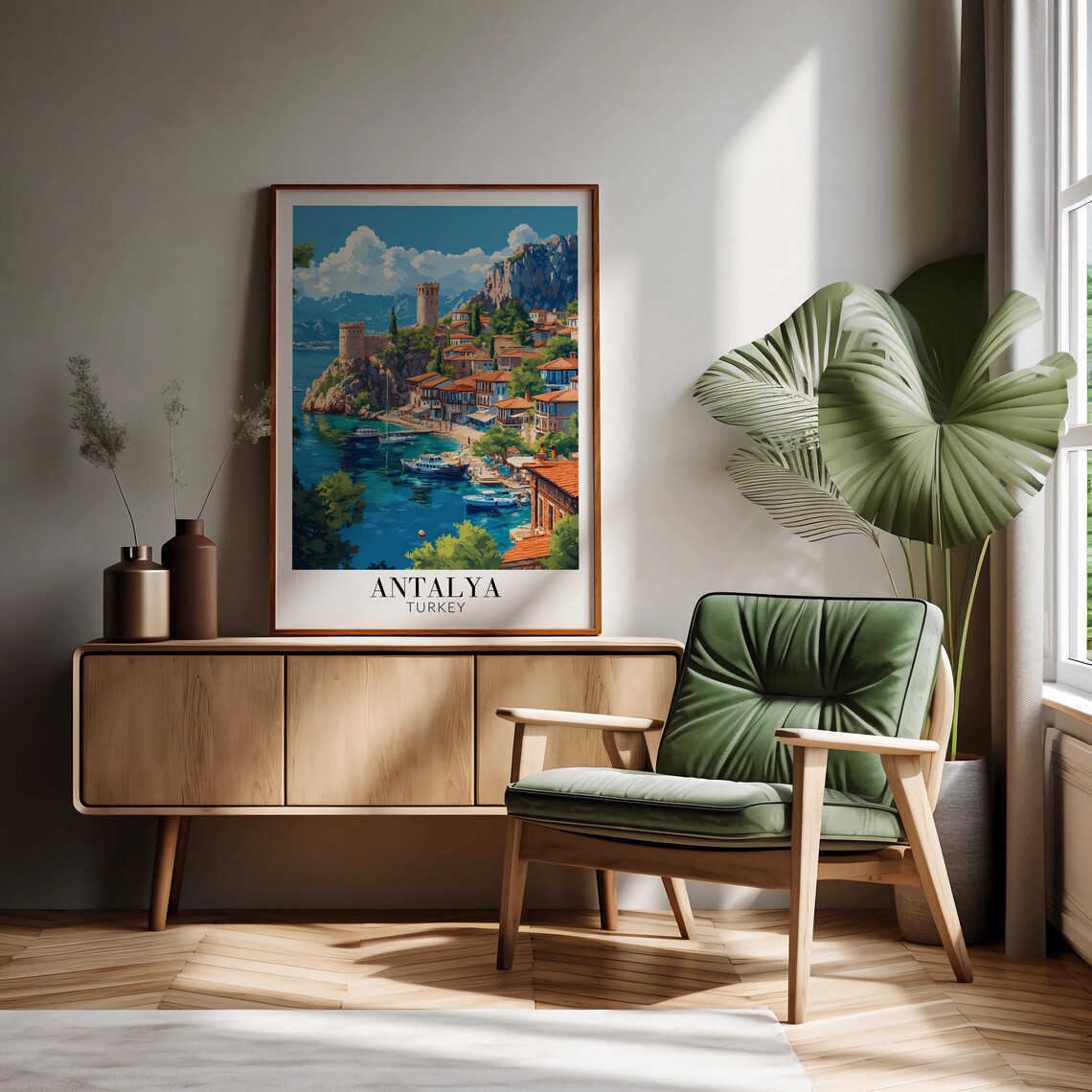 Antalya Turkey Cliffside Old Town Towers Turquoise Bay Travel Poster - Image 2
