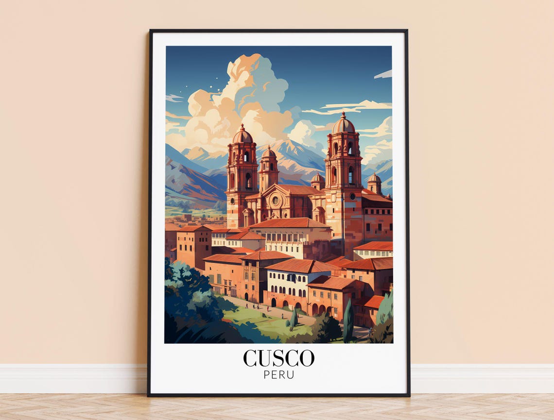 Cusco Peru Colonial Church Red Rooftops Mountain Travel Poster