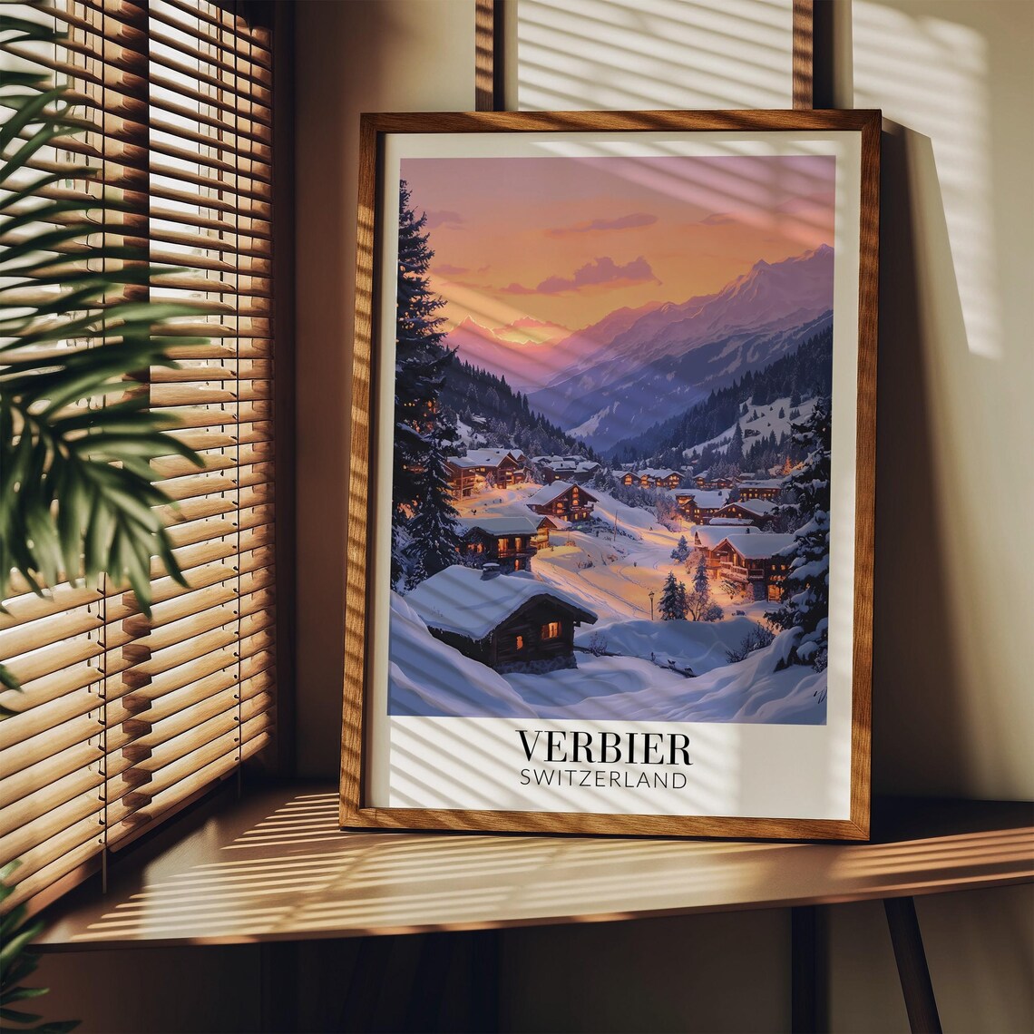 Verbier Switzerland Snowy Village Sunset Alpine Ski Travel Poster - Image 3