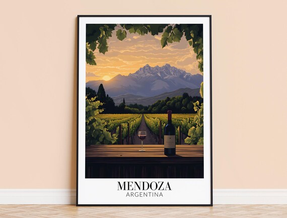 Mendoza Argentina Vineyard Sunset Wine Bottle Andes Mountains Poster