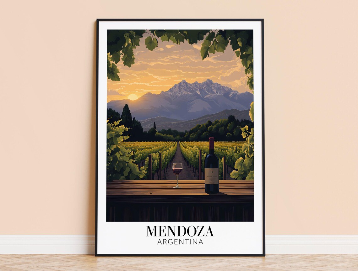 Mendoza Argentina Vineyard Sunset Wine Bottle Andes Mountains Poster