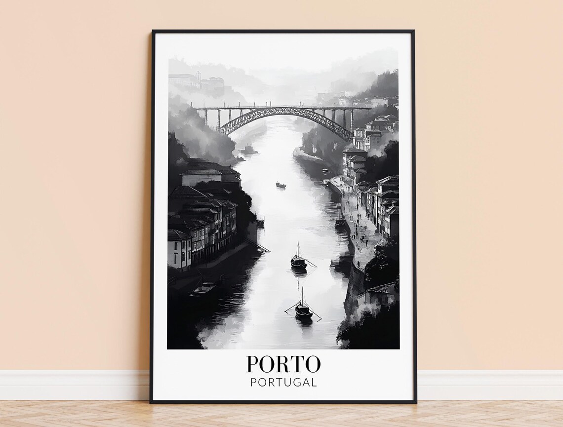 Porto Portugal Dom Luis Bridge in Black and White Travel Poster