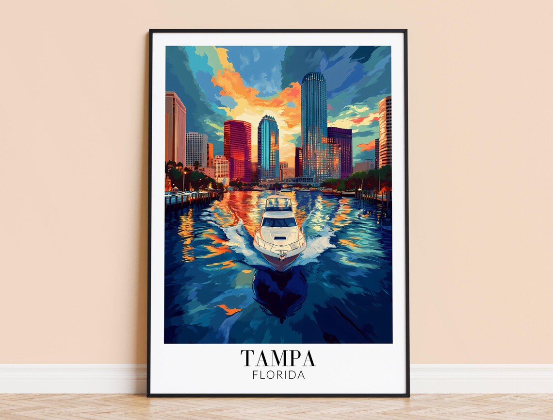 Tampa Florida Sunset Bay Yacht Colorful City Skyline Travel Poster