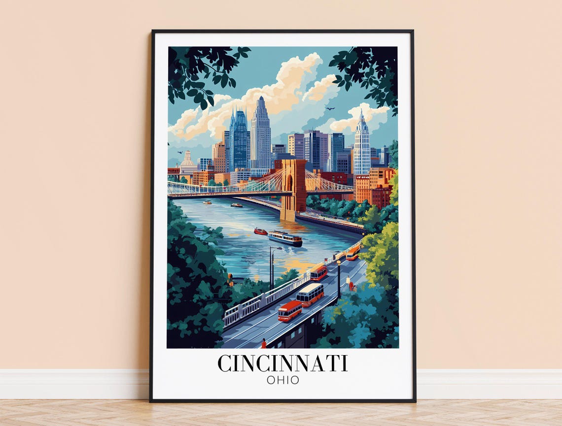 Cincinnati Ohio Skyline Suspension Bridge River Travel Poster