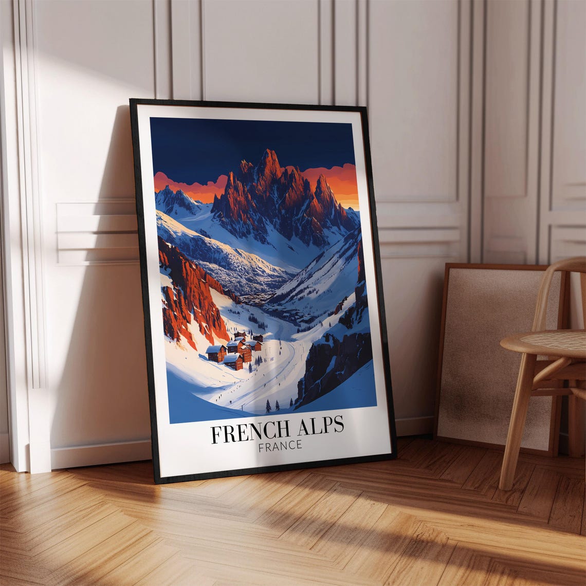 French Alps Sunset Over Jagged Snowy Peaks and Ski Chalets Poster - Image 4