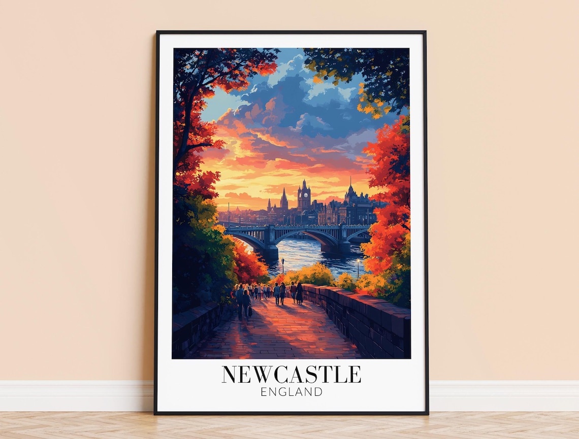 Newcastle England Sunset Bridge View Autumn Walkway Travel Poster