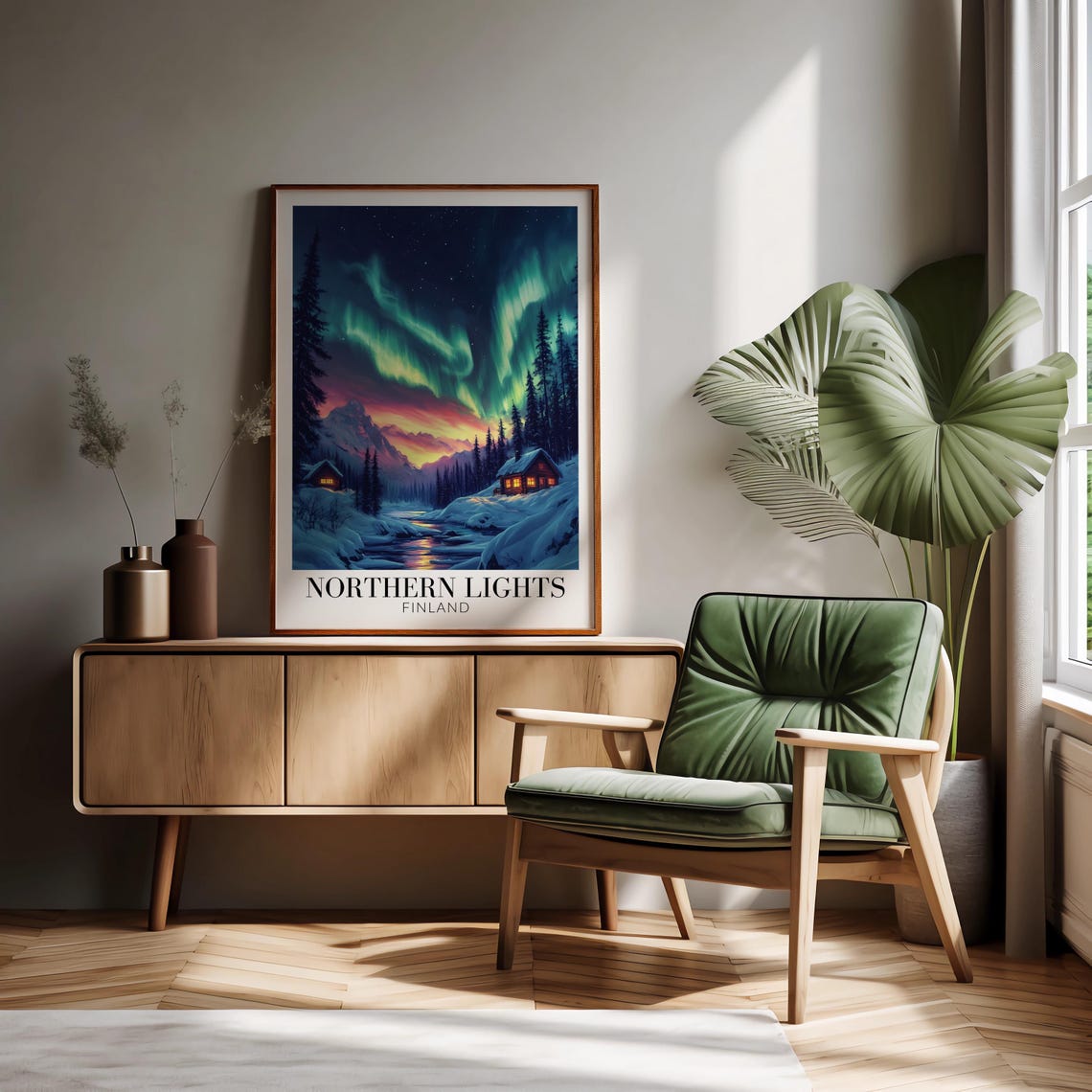 Finland Northern Lights Snowy Cabins Aurora Over Forest Poster - Image 2