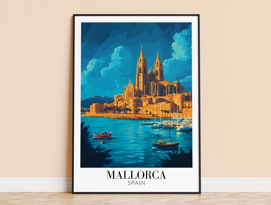 Mallorca Spain Sunset Harbor Poster With Palma Cathedral Twilight View