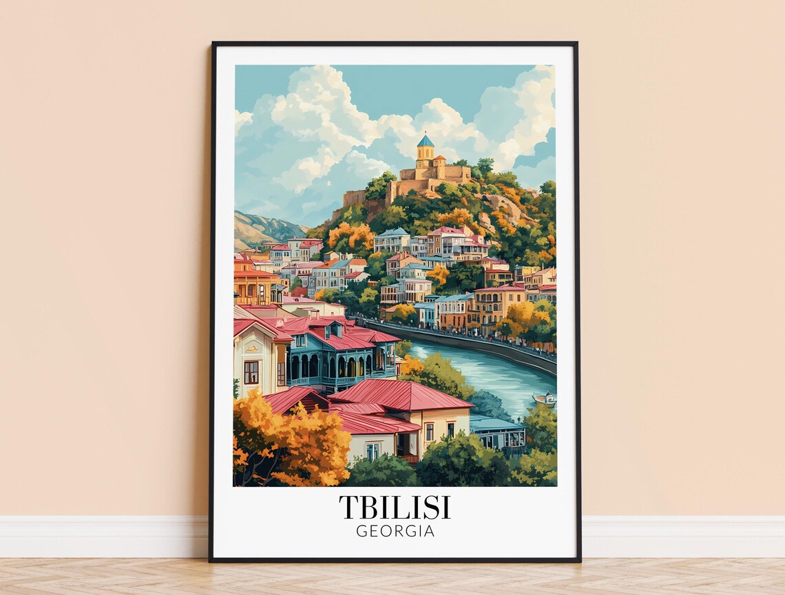 Tbilisi Georgia Colorful Old Town and Hilltop Church Travel Poster