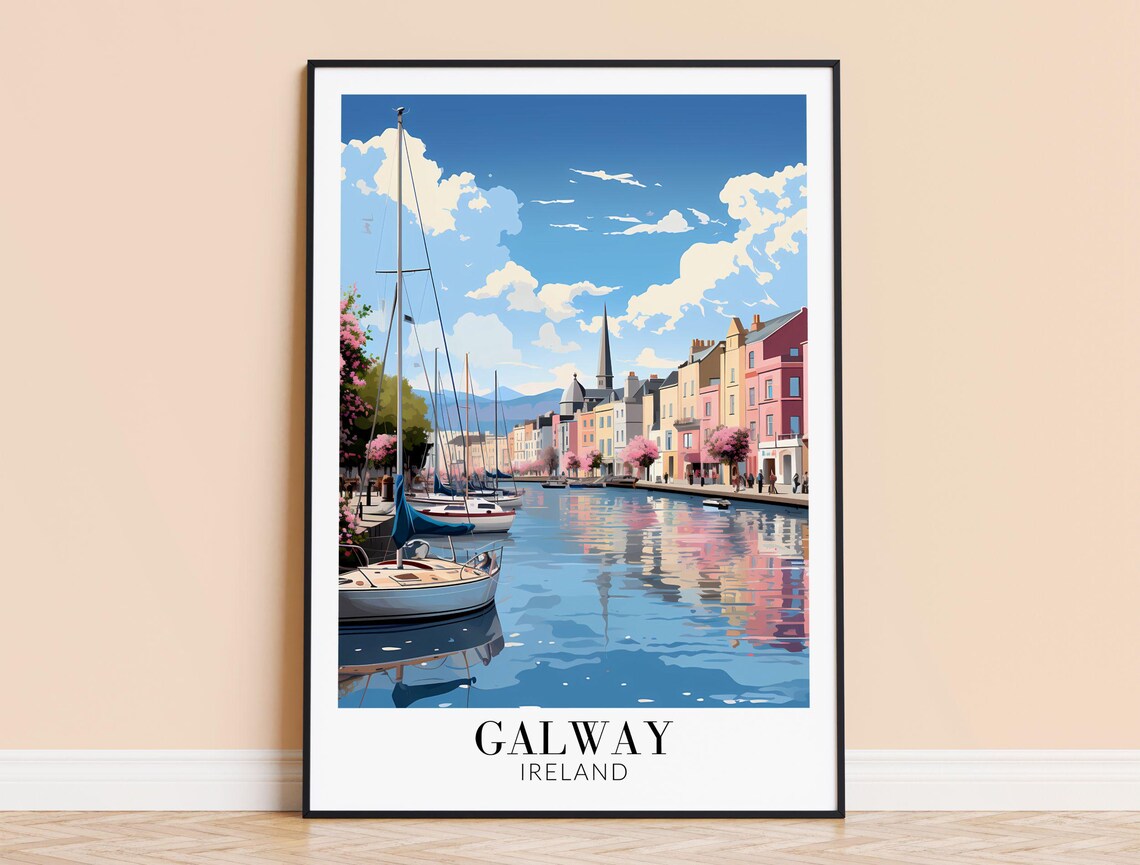 Galway Ireland Colorful Quay Sailboat Harbor Scene Travel Poster