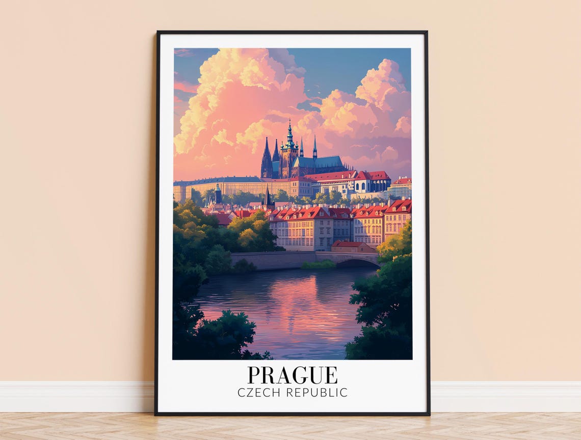 Prague Czech Republic Sunset Over Vltava Castle Spires Poster