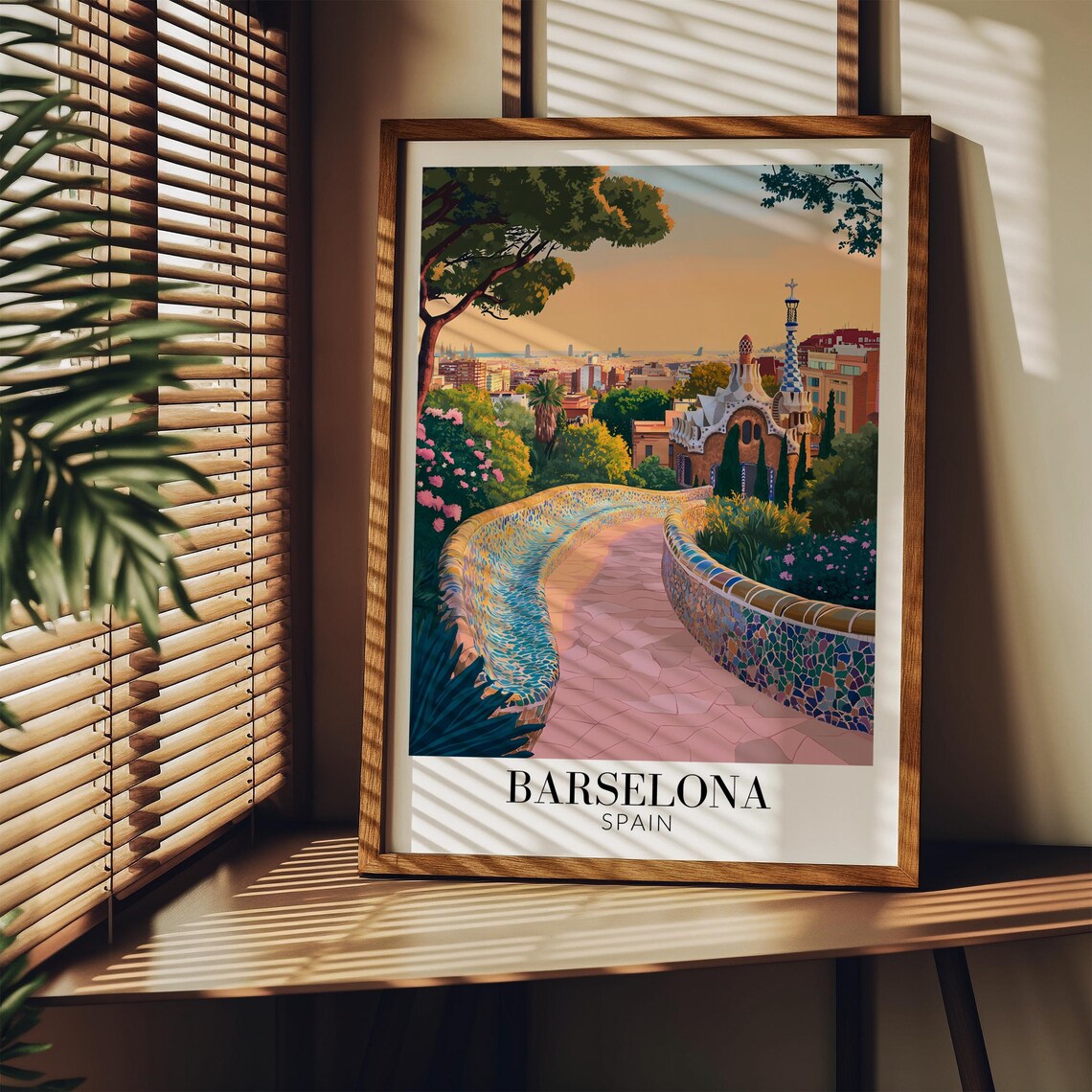 Barcelona Park Guell Mosaic Terrace Glowing Dusk View Poster - Image 3