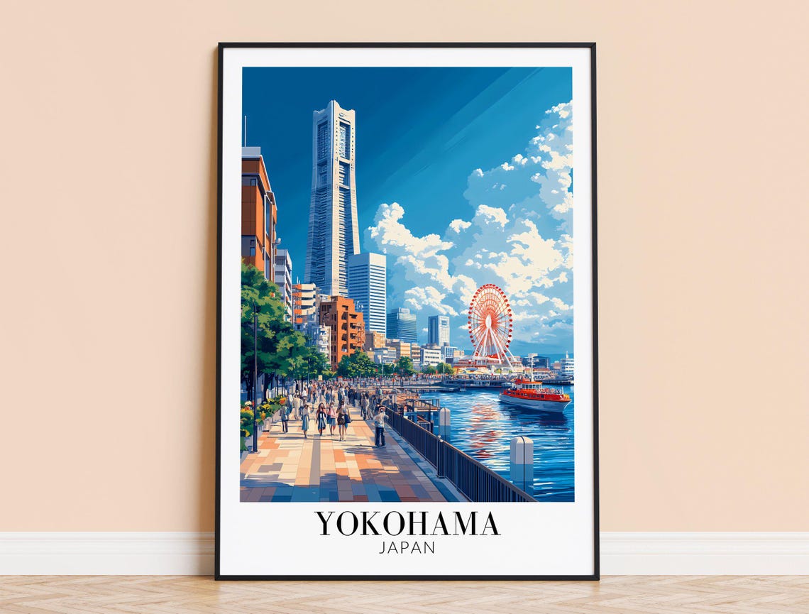 Yokohama Japan Harbor Promenade Tower Ferris Wheel Illustration Poster