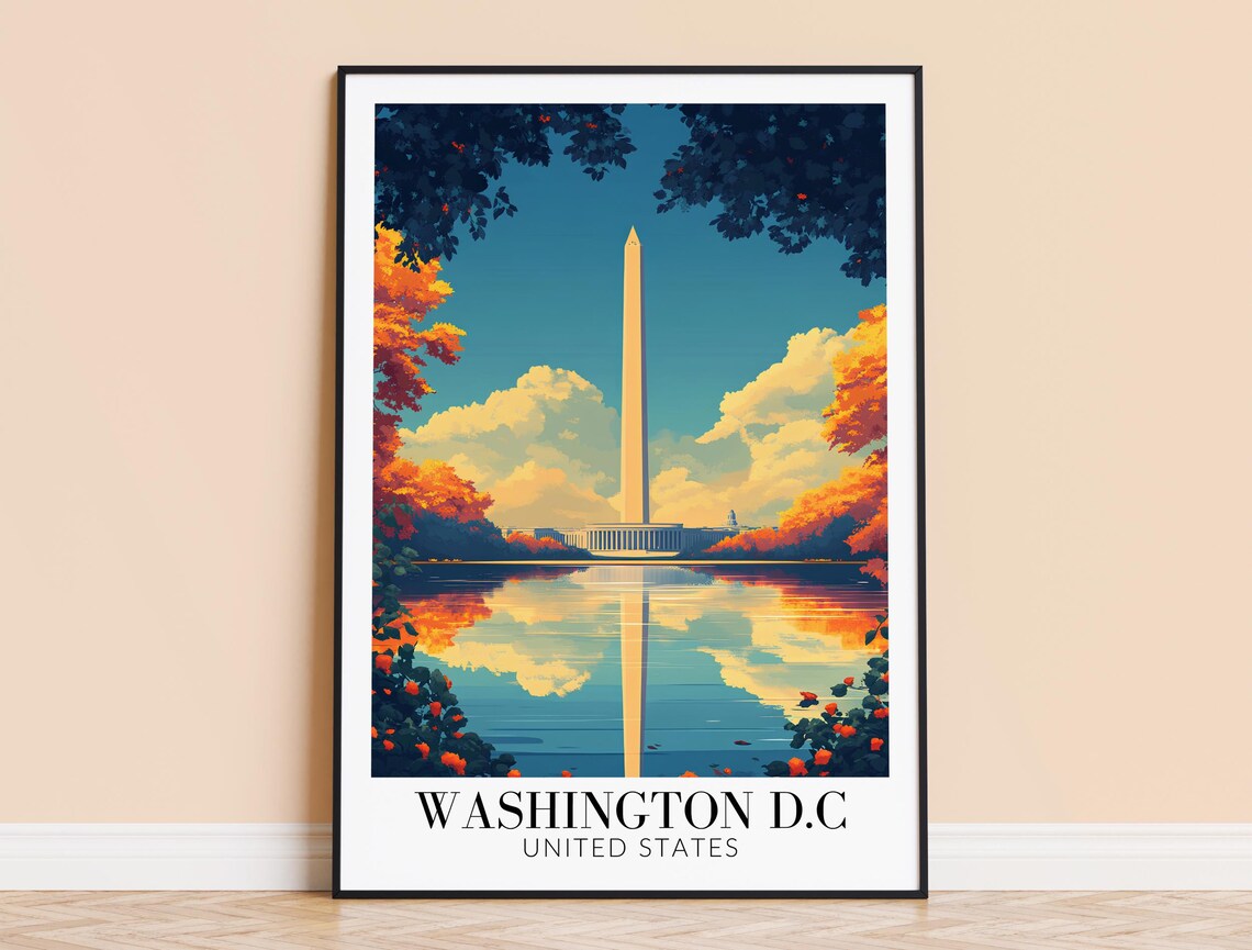 Washington DC Monument Reflecting Pool Autumn Travel Art Poster