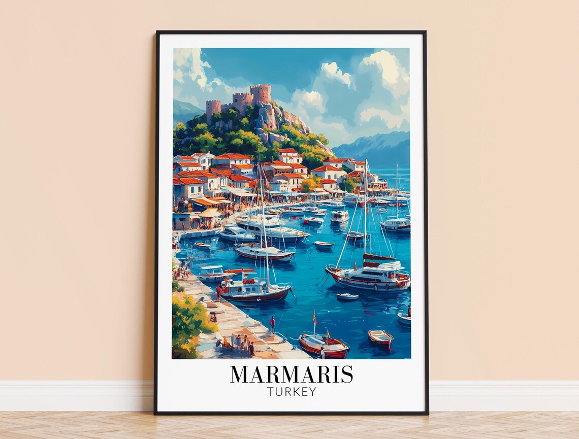Marmaris Turkey Castle Hill Harbor Sailboat Marina Travel Poster