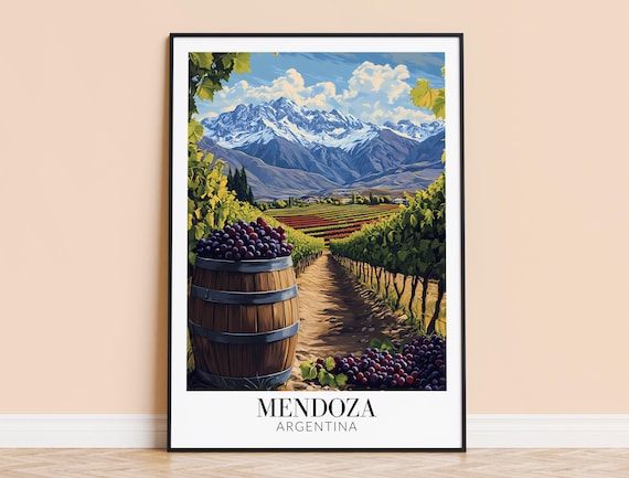 Mendoza Argentina Vineyard Wine Barrel Grapes Andes Travel Poster