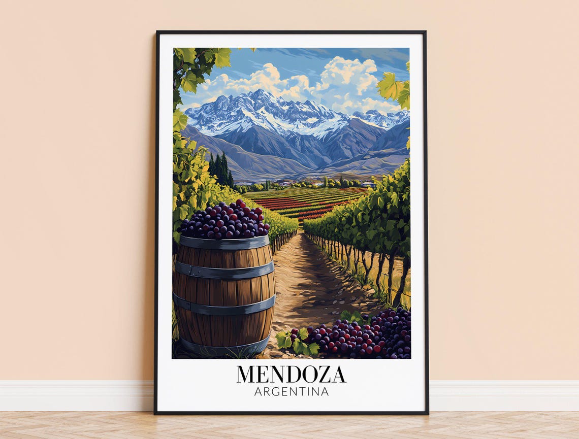 Mendoza Argentina Vineyard Wine Barrel Grapes Andes Travel Poster
